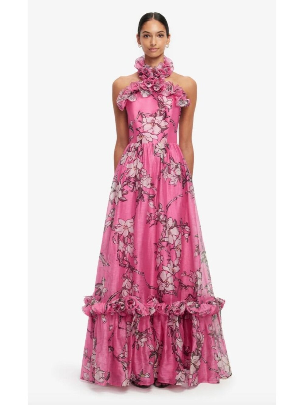 NWT Leo Lin $1495 Ruffled Halterneck Maxi Dress Size 6 Pink Magnolia Floral